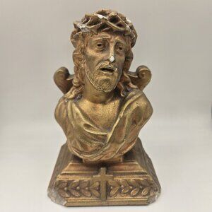 Vintage Gold Chalkware Bust Jesus Crown of Thorns Religious Christian France